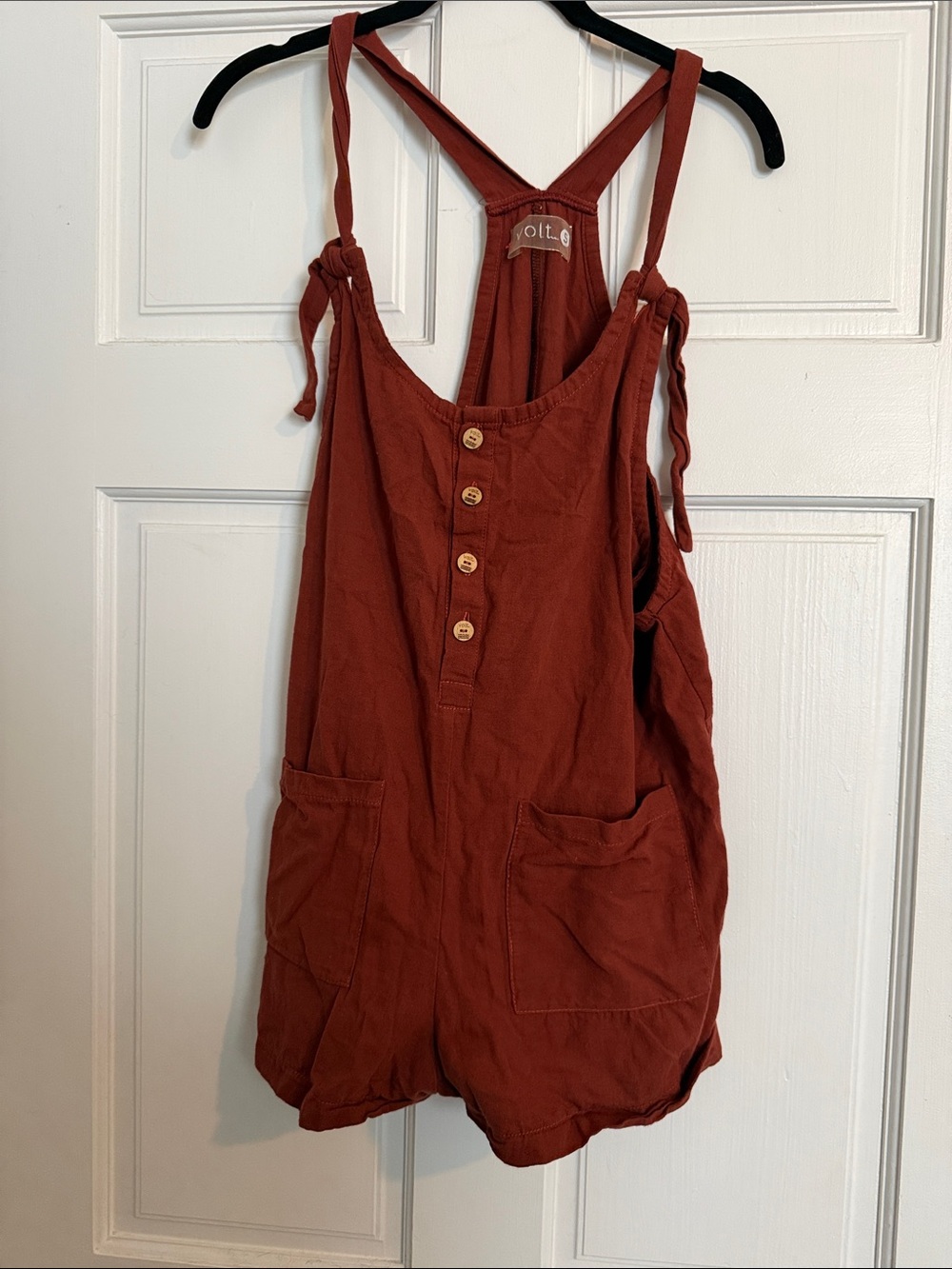 Rust Red Linen-Blend Tank Romper with Button Front